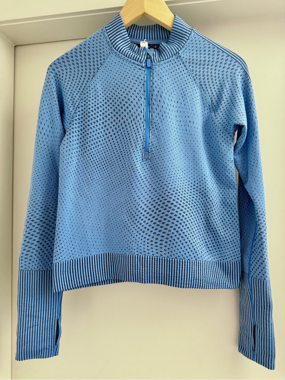 Lululemon Blue Half-Zip Pullover — Diamond Print, Thumbholes, Size 6
